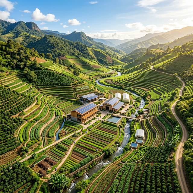 Vista aérea de granja sostenible