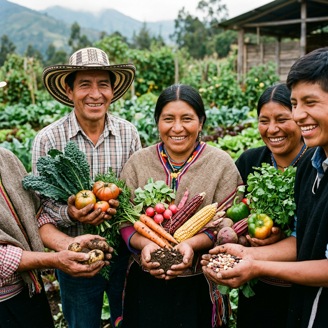 Comunidad campesina sonriendo con cultivos orgánicos